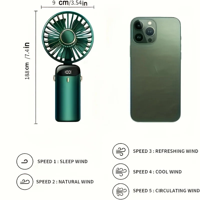 Mini Ventilateur Portable Rechargeable USB – Pliable, LED & 5 Vitesses
