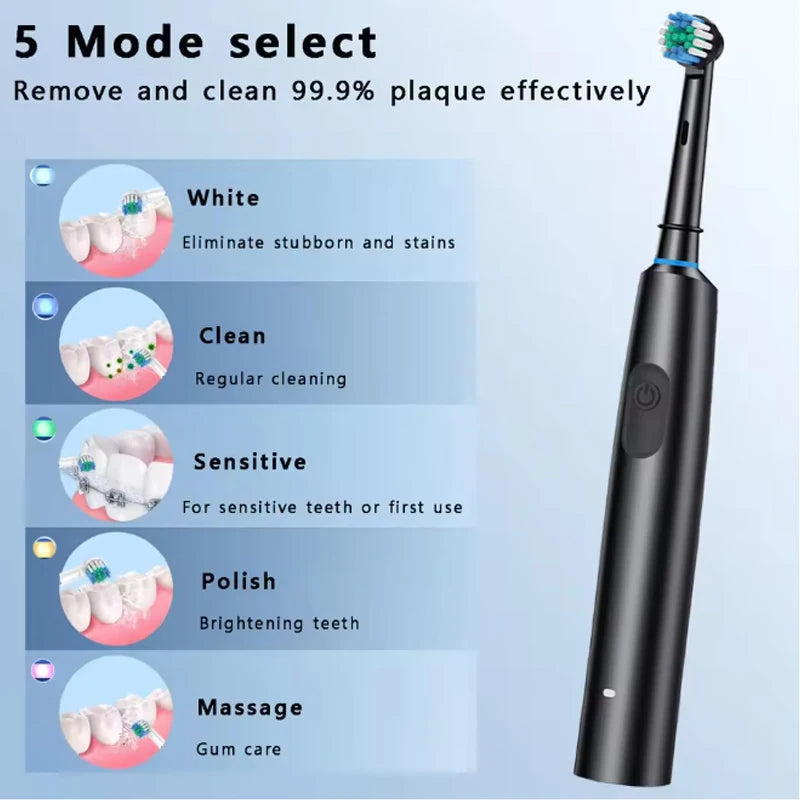 Brosse à Dents Électrique Rechargeable – 5 Modes - 8 Têtes incluses