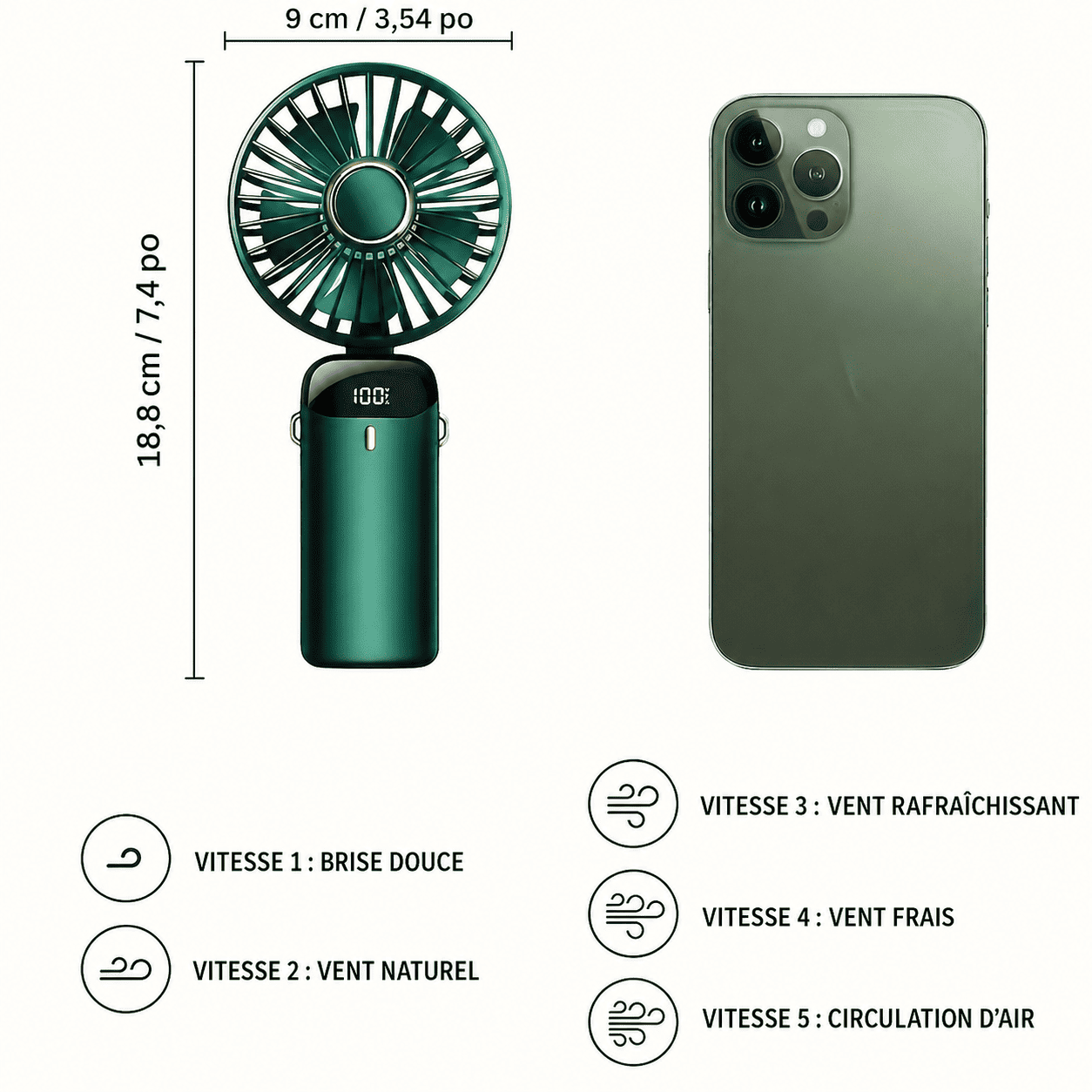 Mini Ventilateur Portable Rechargeable USB – Pliable, LED & 5 Vitesses