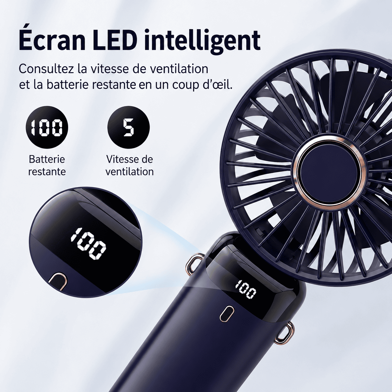 Mini Ventilateur Portable Rechargeable USB – Pliable, LED & 5 Vitesses